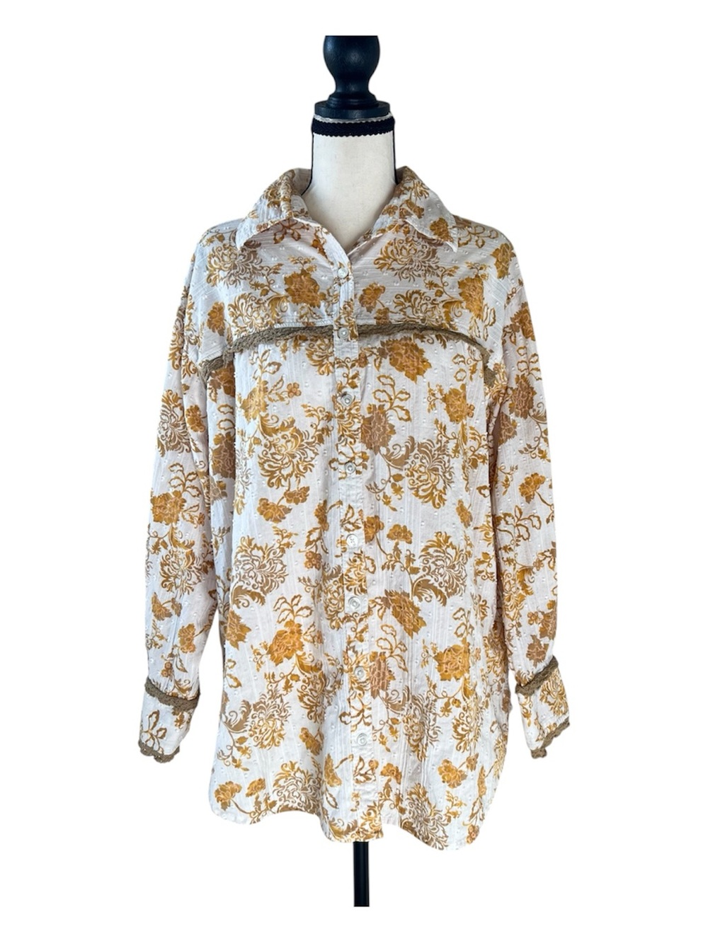 Women's Boho Gold Floral Button-Down Cotton Swiss Dot Women’s S Cottagecore
